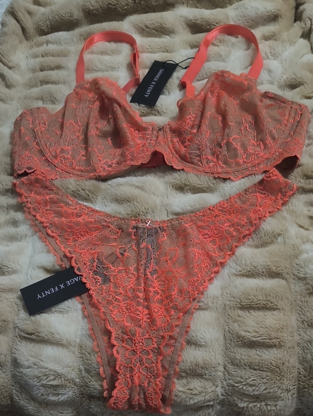 Savage X Fenty Keepsake Lace Unlined Demi Bra & Brazilian Set